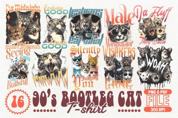 Nostalgia Meets Streetwear: The 90's Bootleg Cat T-shirt Design Bundle